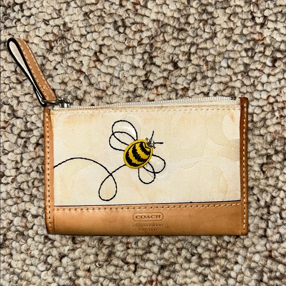 Coach Handbags - Coach Tan and Cream Bee Embroidered Pouch